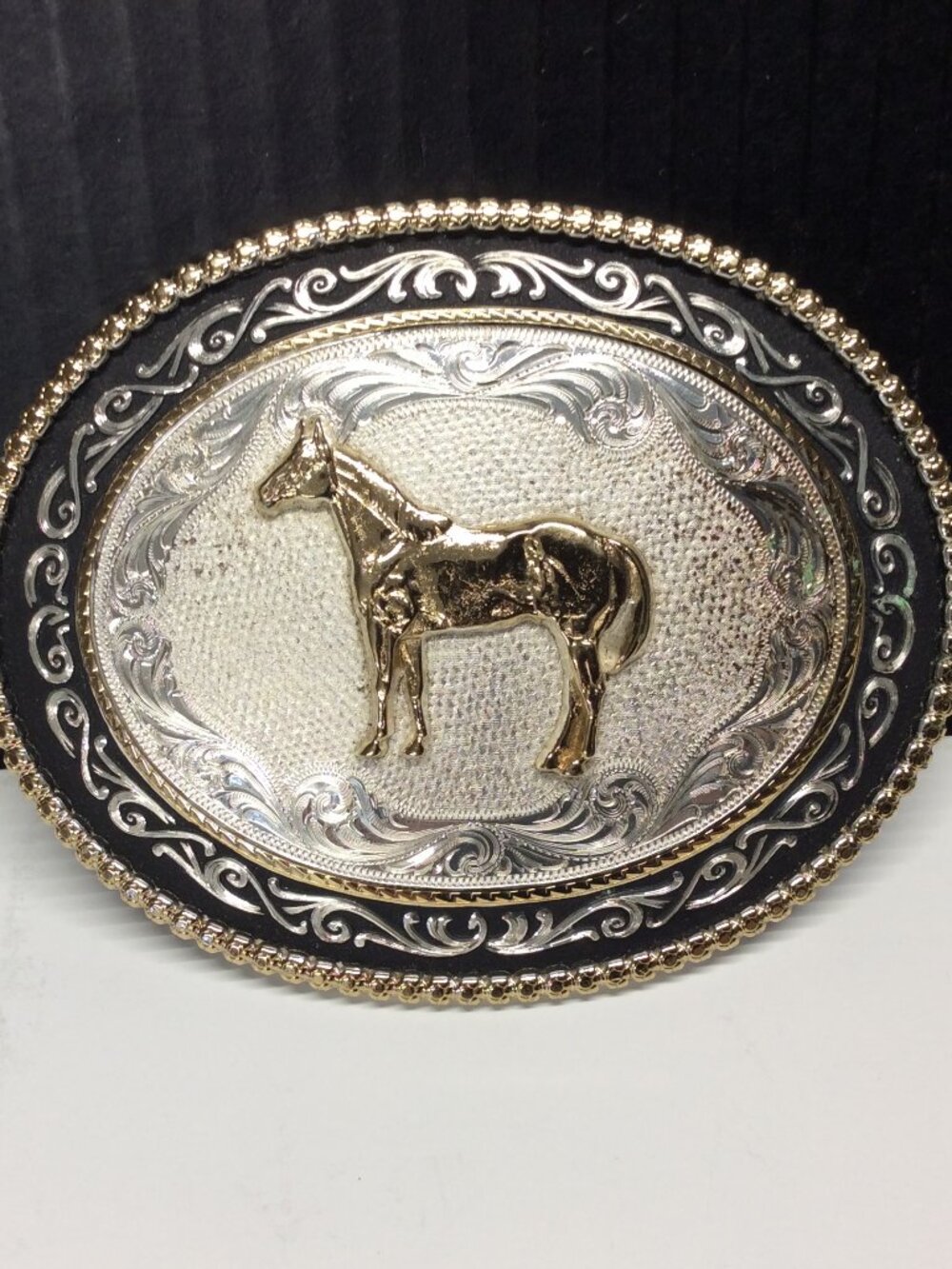 Montana Silversmiths Horse Belt Buckle Silver Gold Black Western Rope Edge 5"